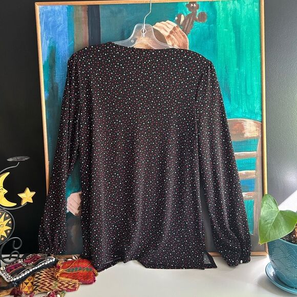 Liz Claiborne Women’s Size Medium Black White Dotted Keyhole Pullover Blouse - Picture 9 of 14